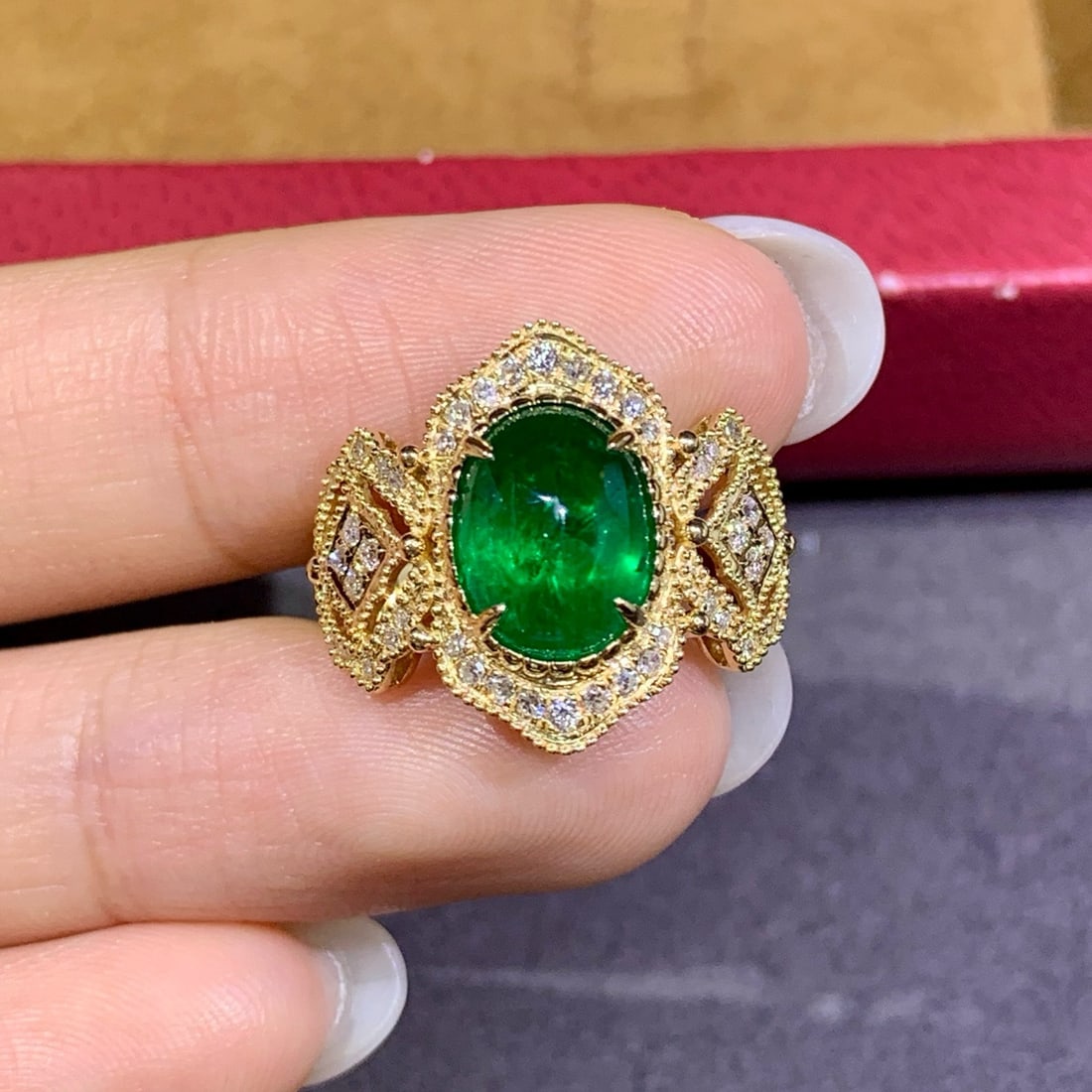 14k Gold 2.97 Ctw Vivid Green Natural Emerald & Diamond Ring - 3