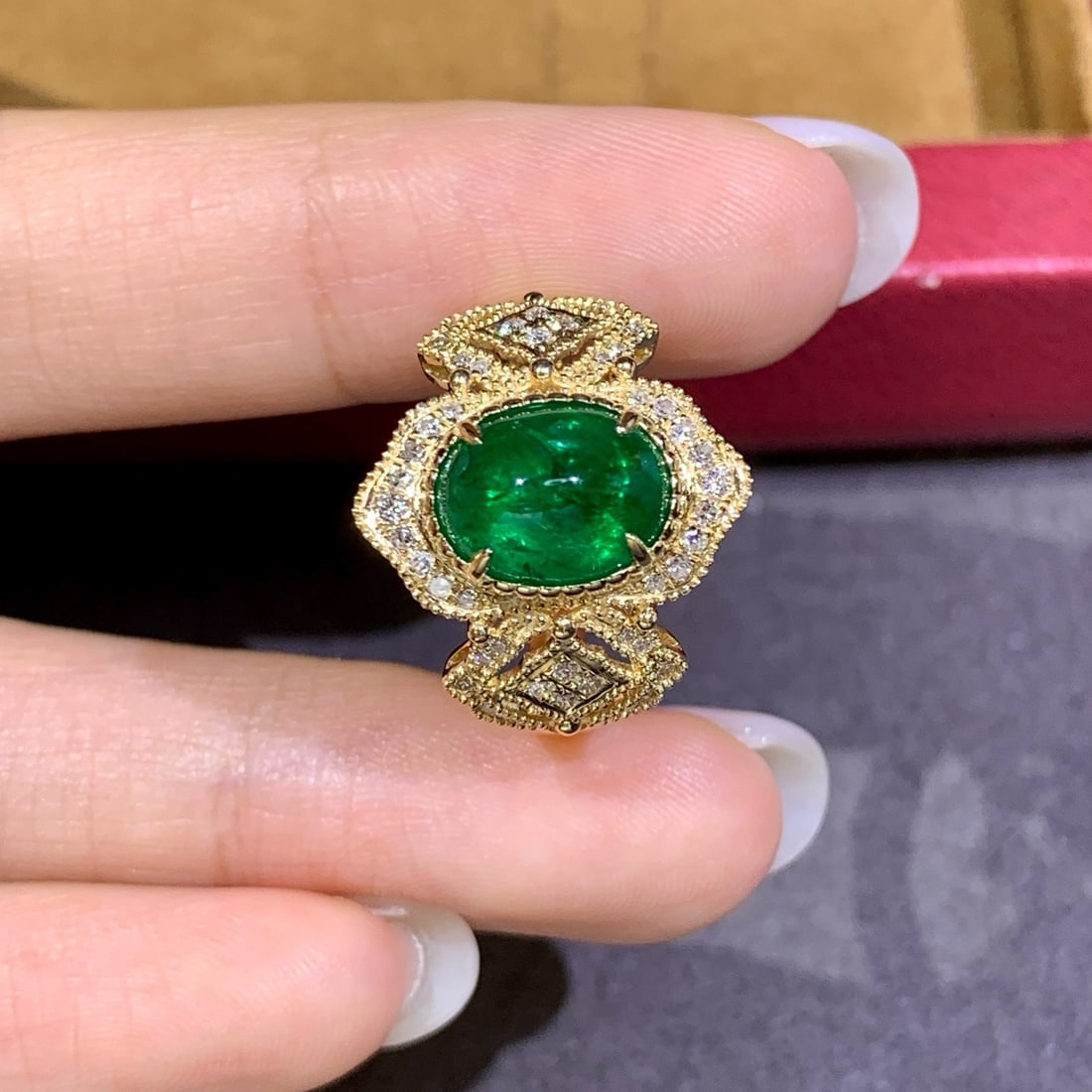 14k Gold 2.97 Ctw Vivid Green Natural Emerald & Diamond Ring - 4