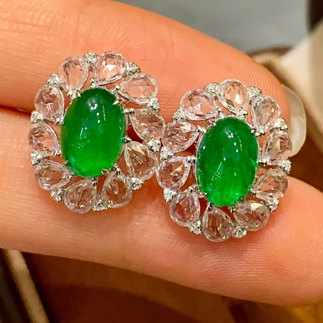 14k Gold 3.2 Ct Natural Emerald & Diamond & Sapphire Earrings - 2