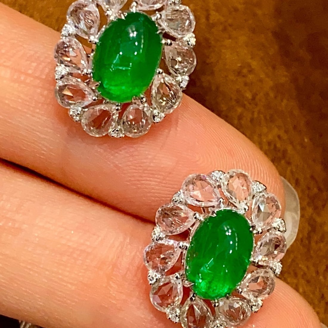 14k Gold 3.2 Ct Natural Emerald & Diamond & Sapphire Earrings - 3