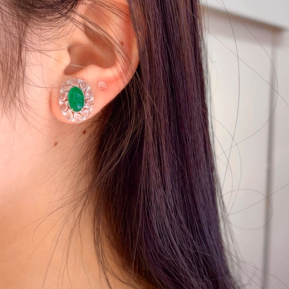 14k Gold 3.2 Ct Natural Emerald & Diamond & Sapphire Earrings - 4