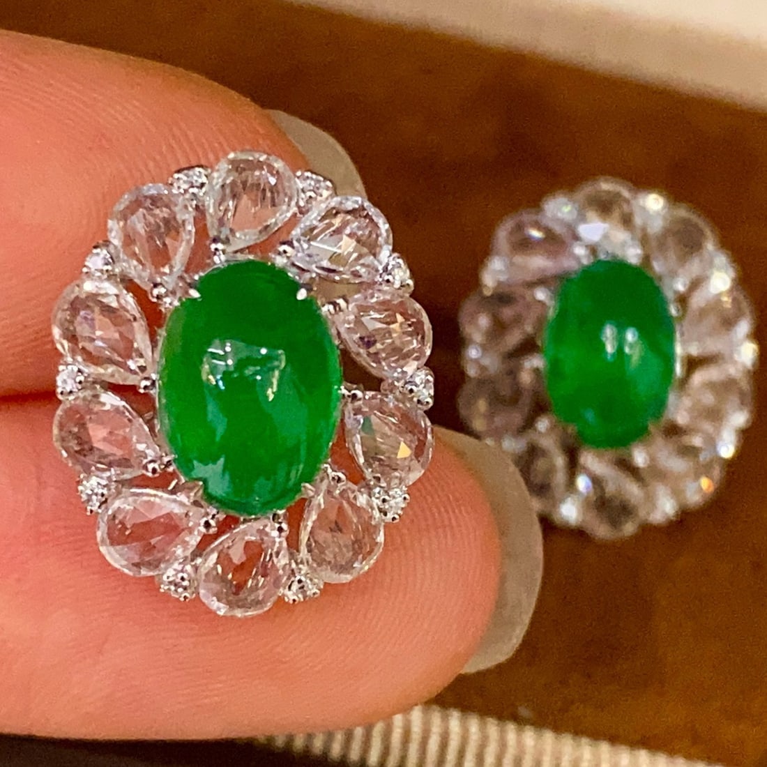 14k Gold 3.2 Ct Natural Emerald & Diamond & Sapphire Earrings - 8