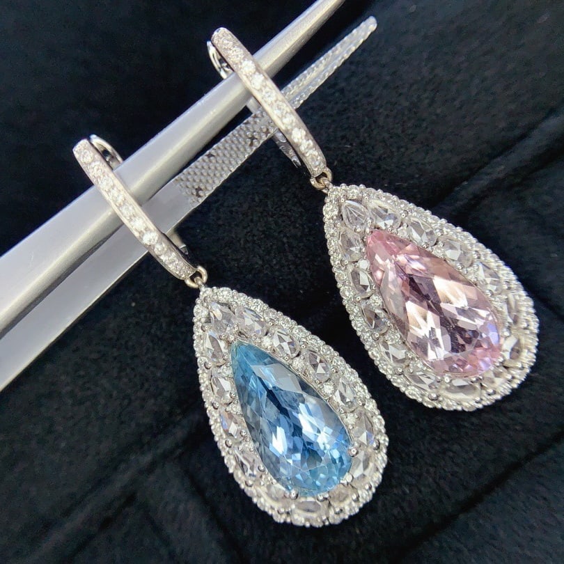 14k Gold 4.26 Ct Natural Aquamarine & Morganite & Diamond Earrings - 2
