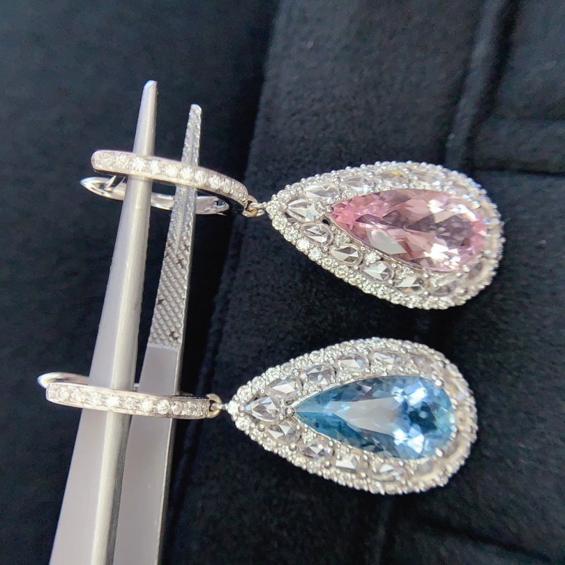 14k Gold 4.26 Ct Natural Aquamarine & Morganite & Diamond Earrings - 5