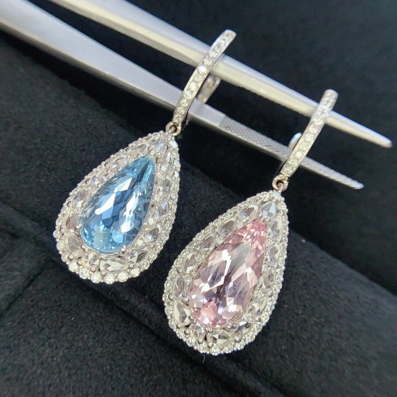 14k Gold 4.26 Ct Natural Aquamarine & Morganite & Diamond Earrings - 6