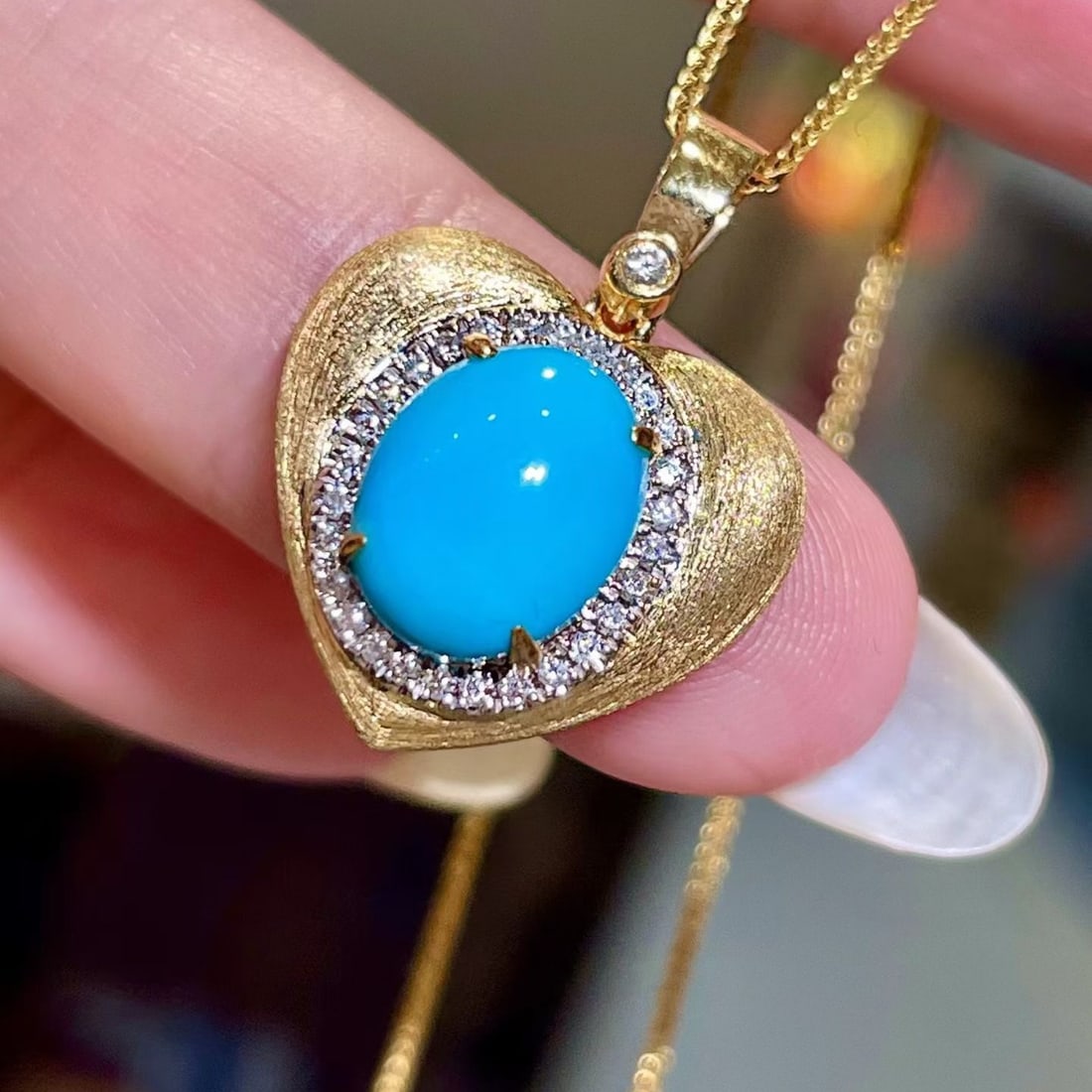 14k Gold 2.70 Ctw Natural Blue Turquoise & Diamond Pendant( Without Chain ) - 2