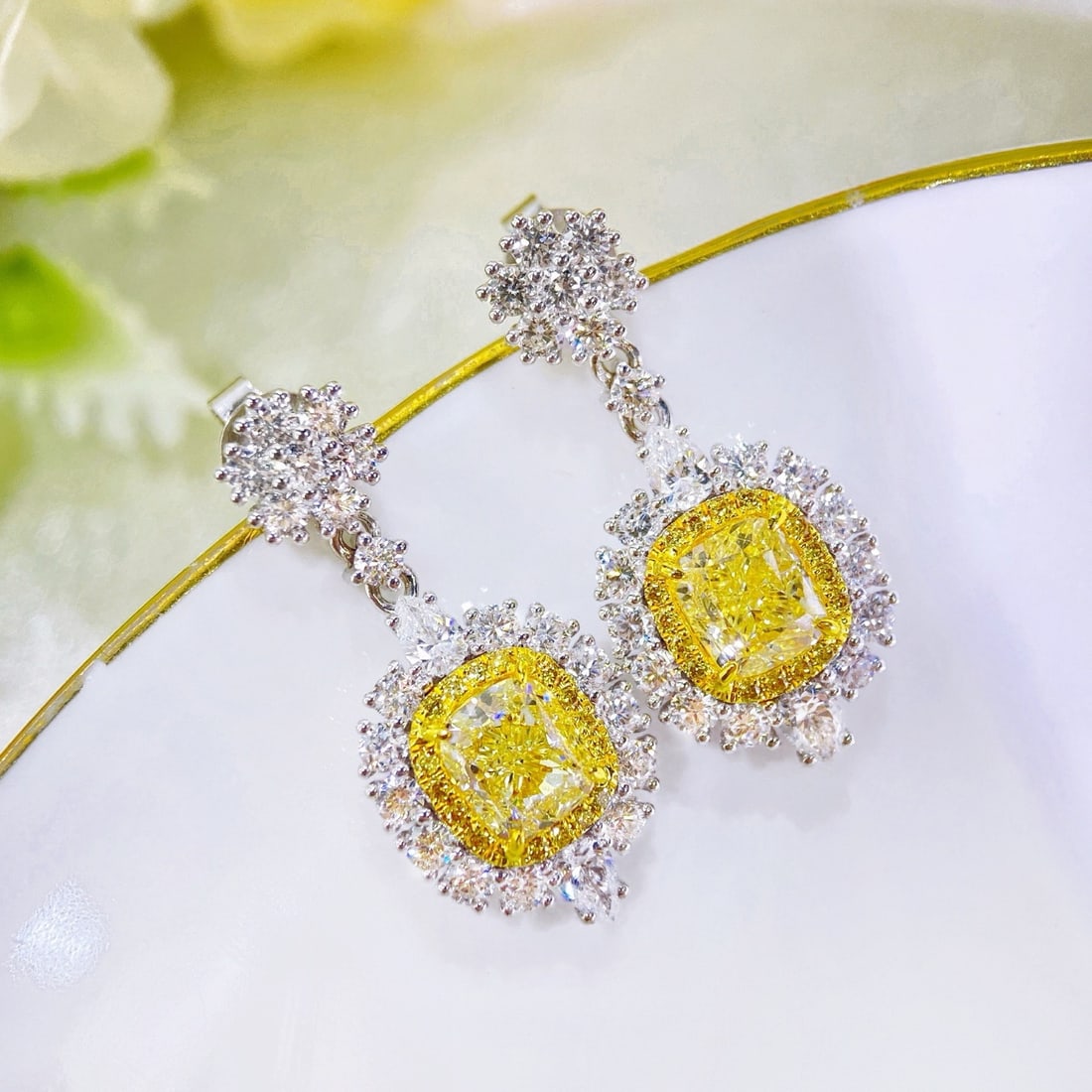 14k Gold 3.38 Ctw Natural Yellow Diamond & Diamond Earrings - 2