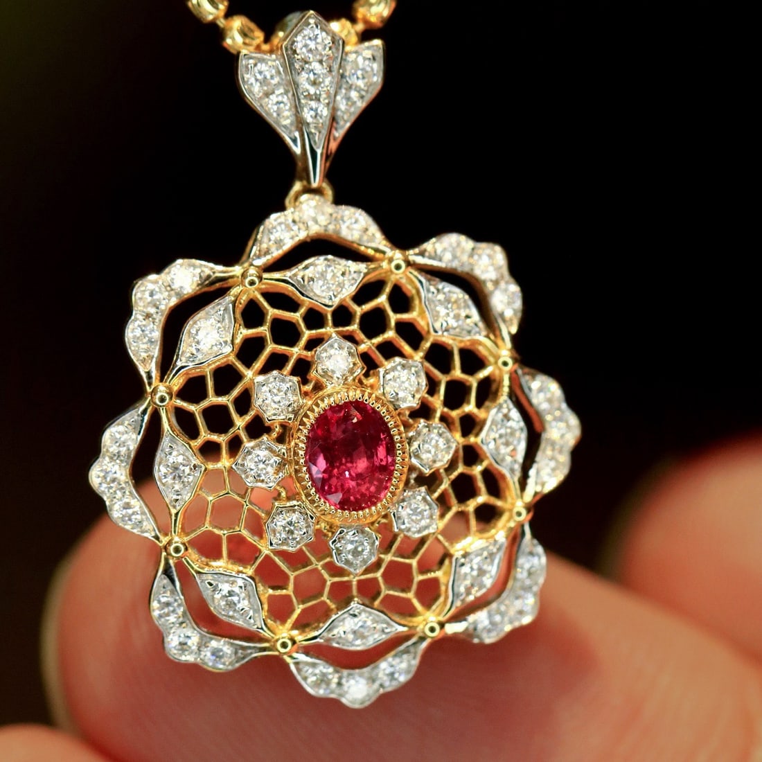 14k Gold 0.69 Ctw Natural Ruby & Diamond Pendant( Without Chain ): Ref:231170237 // gold content:14k gold // main gemstone:ruby // shape:oval // carat weight:0. 41ct // color:red // treatment:natural // // adjacent gemstone 2 : diamond // shape:round // carat