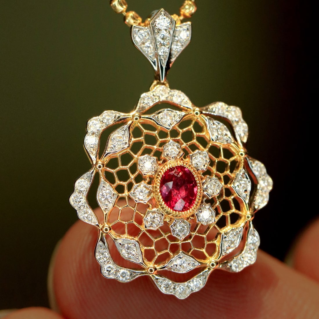 14k Gold 0.69 Ctw Natural Ruby & Diamond Pendant( Without Chain ) - 3