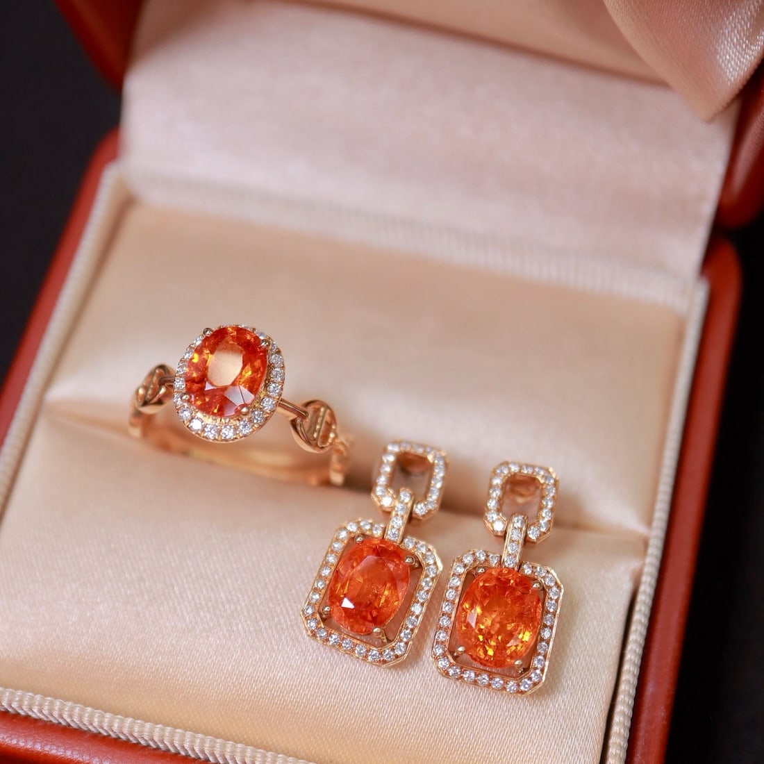 14k Gold 5.76 Ctw Natural Spessartine & Diamond Jewelry Set - 5