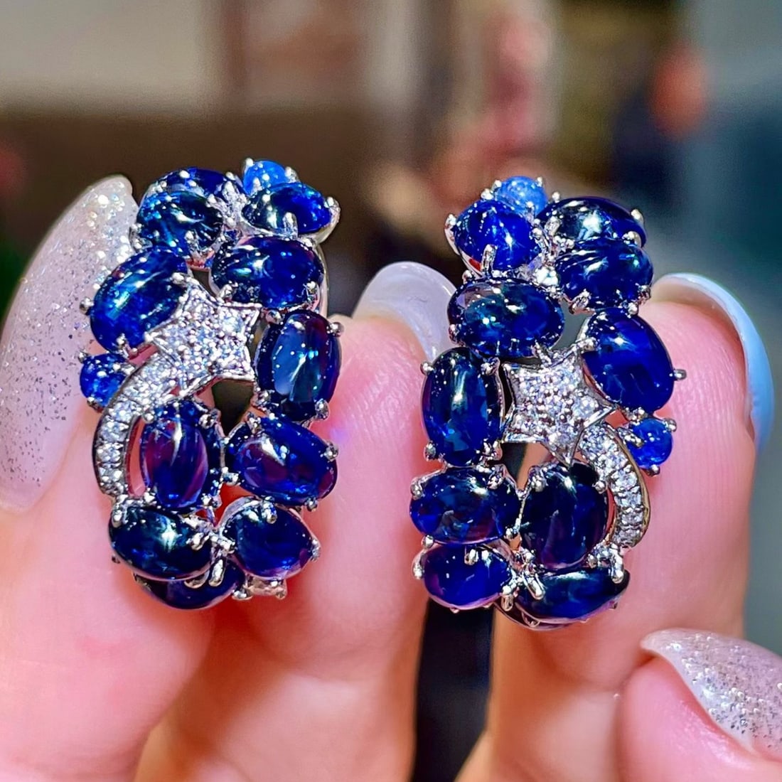 14k Gold 11.13 Ctw Natural Sapphire & Diamond Earrings: Ref:231170268 // gold content:14k gold // main gemstone:sapphire // shape:multiple // carat weight:10. 92ct // color:blue // treatment:natural // // adjacent gemstone 2 : diamond // shape:round //