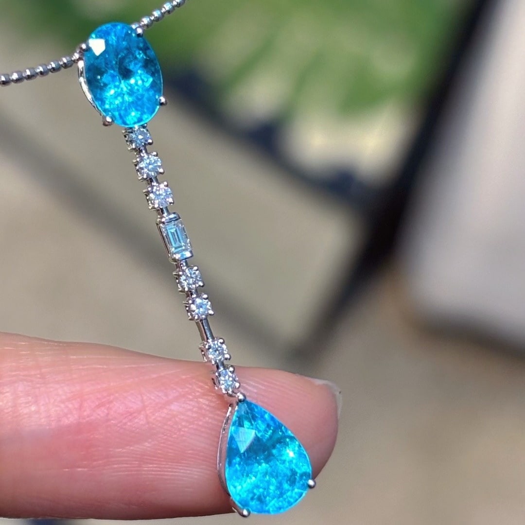 14k Gold 2 Ct Natural Paraiba Tourmaline & Diamond Pendant( Without Chain ) - 2