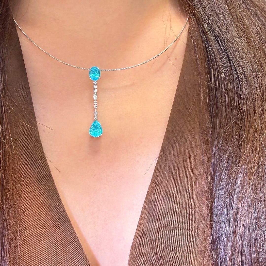 14k Gold 2 Ct Natural Paraiba Tourmaline & Diamond Pendant( Without Chain ) - 5