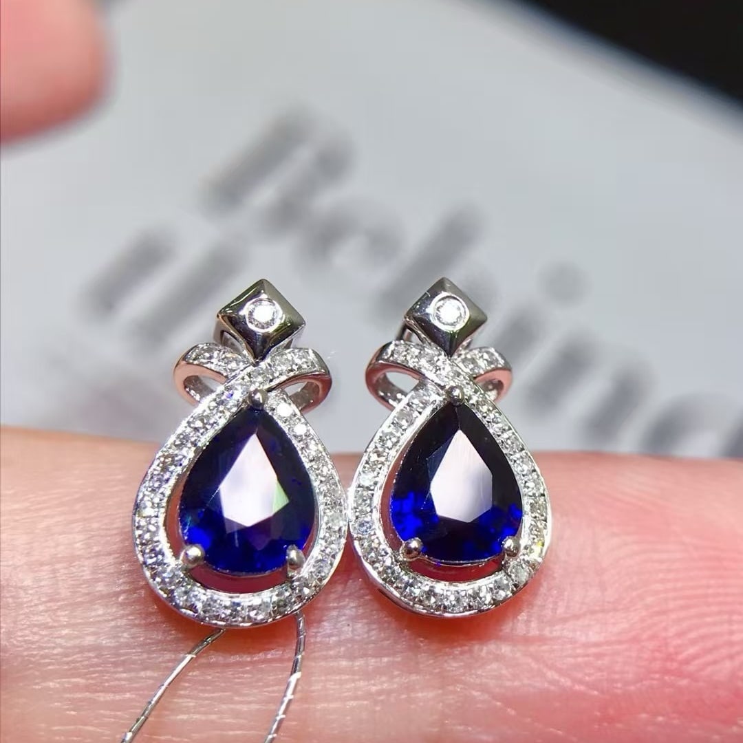 14k Gold 1.55 Ctw Natural Sapphire & Diamond Earrings - 2
