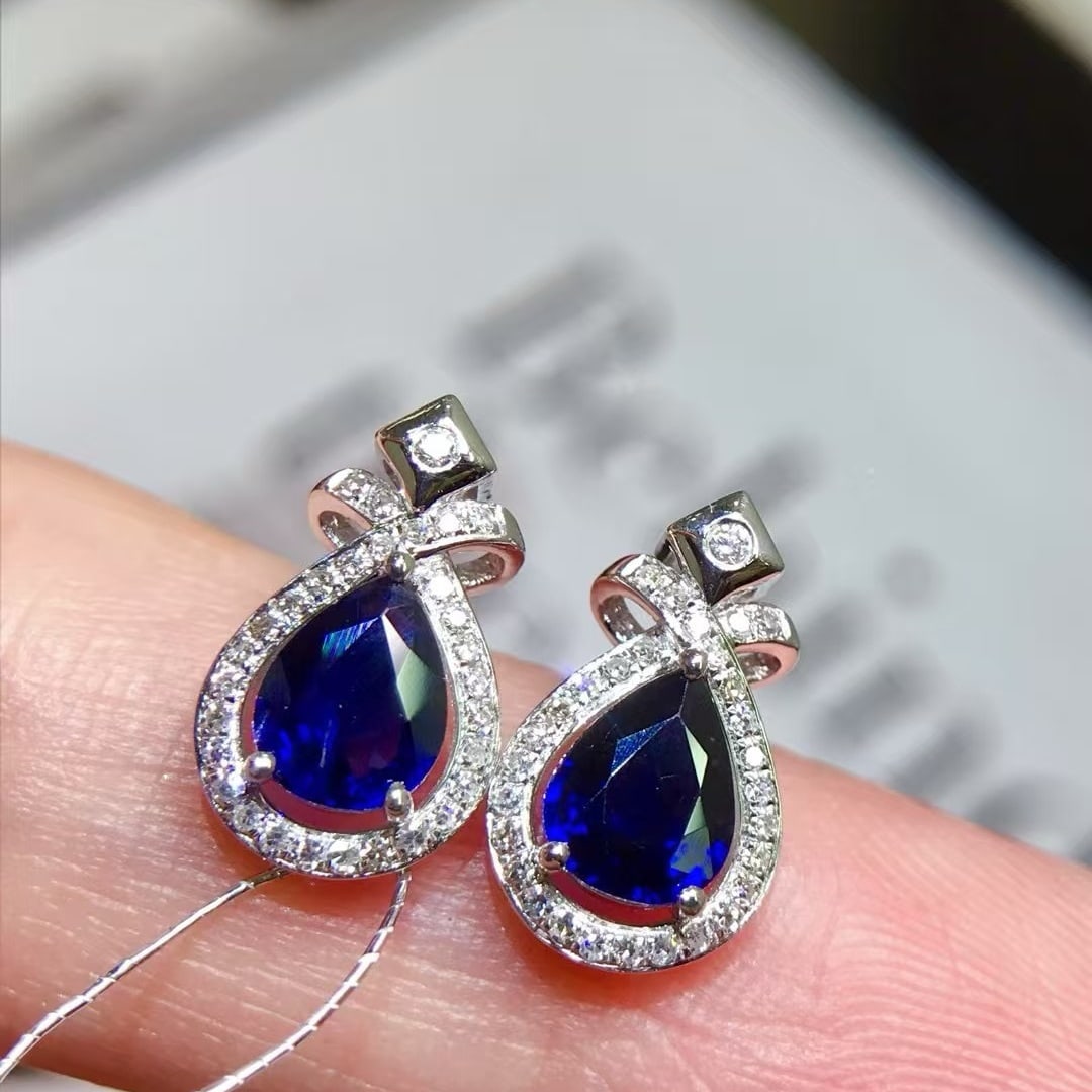 14k Gold 1.55 Ctw Natural Sapphire & Diamond Earrings - 3