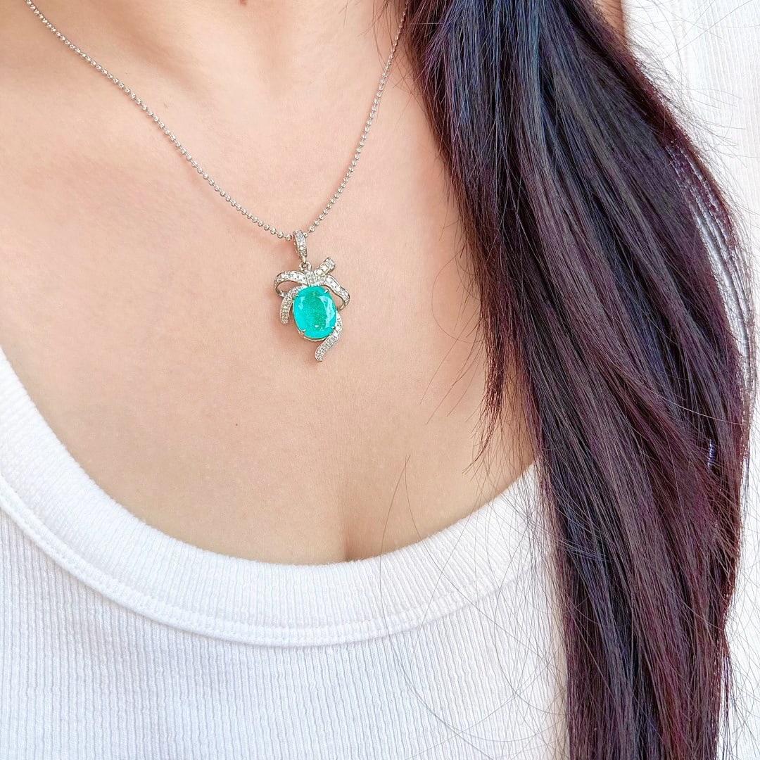 14k Gold 2.76 Ctw Natural Paraiba Tourmaline & Diamond Pendant( Without Chain ) - 9