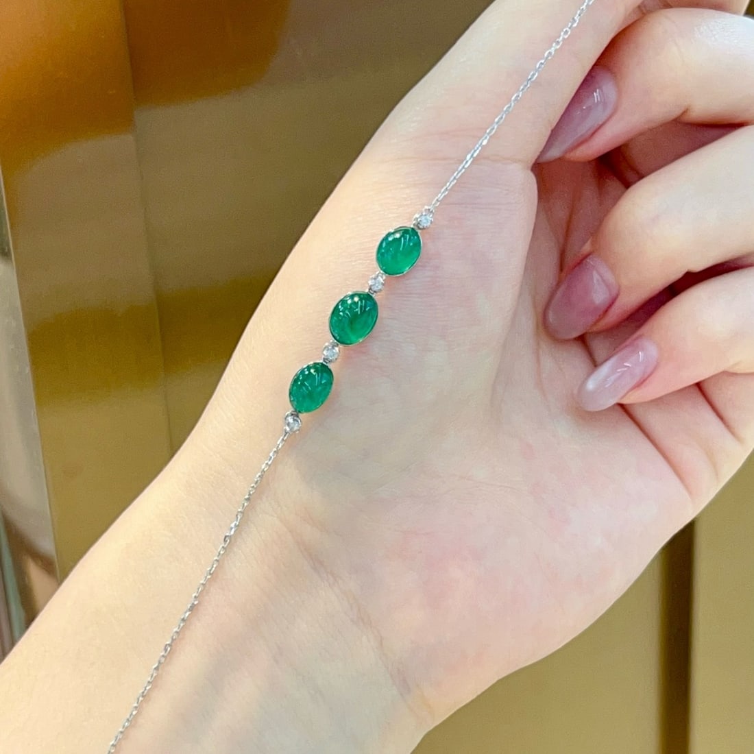 14k Gold 3 Ct Natural Emerald & Diamond Bracelet - 5