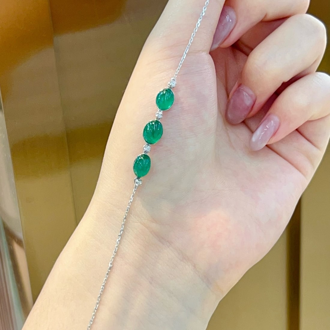 14k Gold 3 Ct Natural Emerald & Diamond Bracelet - 6