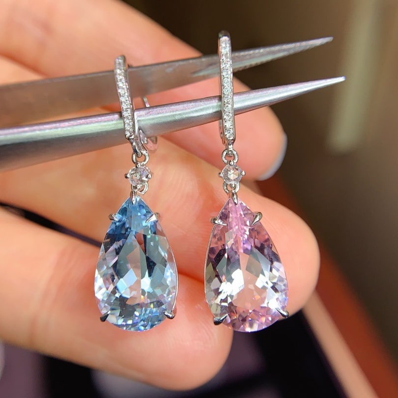 14k Gold 9.89 Ctw Natural Aquamarine & Morganite & Diamond Earrings - 4