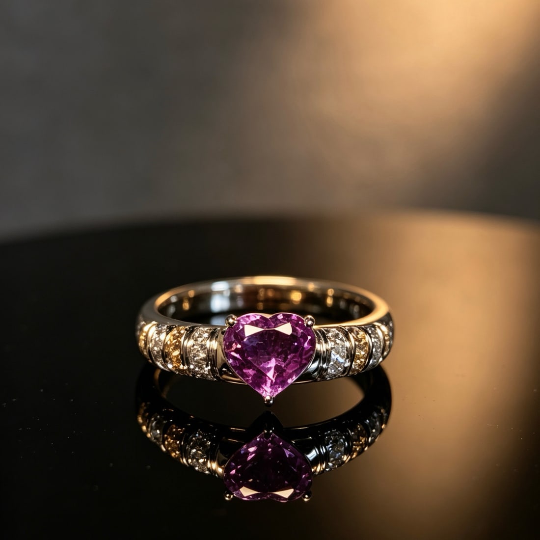 14k Gold 1 Ct Natural Sapphire & Diamond Ring: Ref:231170322 // gold content:14k gold // ring size:7. 25us // // main gemstone:sapphire // shape:heart // carat weight:1ct // color:pinkish purple // treatment:natural // // adjacent gemstone 2 :