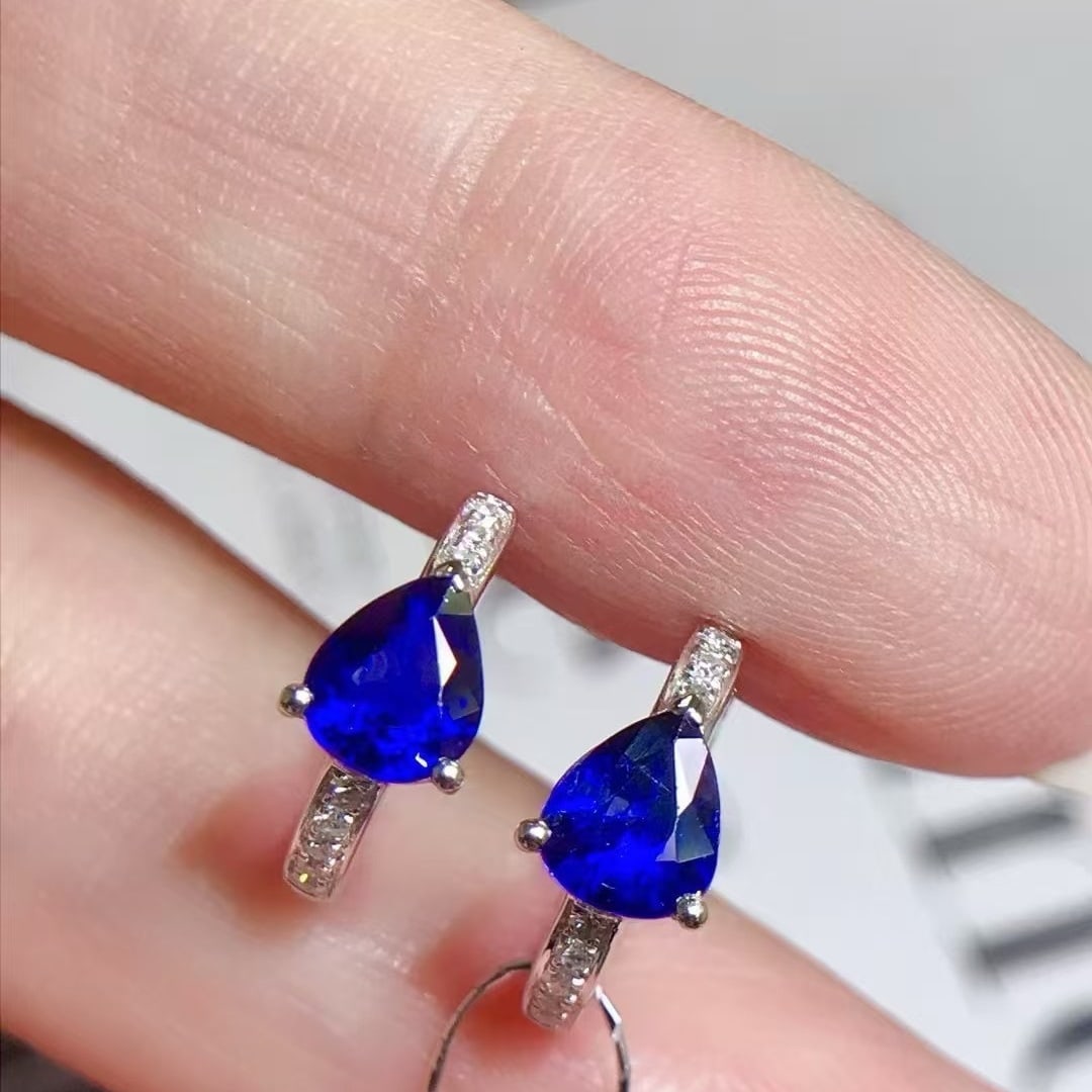14k Gold 1.35 Ct Natural Sapphire & Diamond Earrings - 2