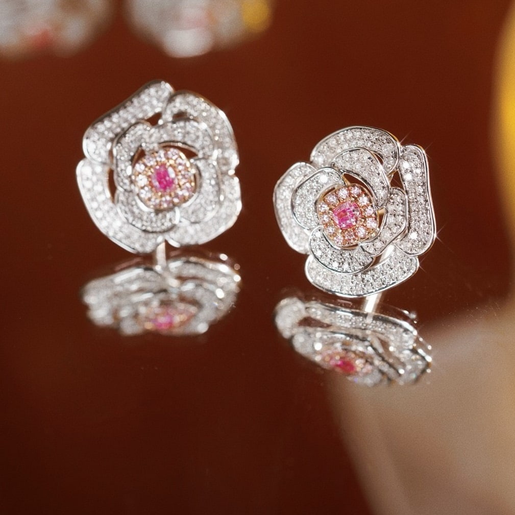 14k Gold 1.20 Ctw Natural Pink Diamond & Diamond & Flowers Earrings - 2