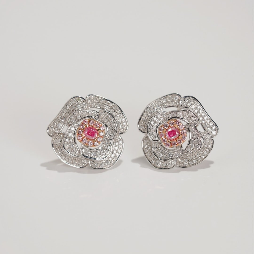 14k Gold 1.20 Ctw Natural Pink Diamond & Diamond & Flowers Earrings - 4