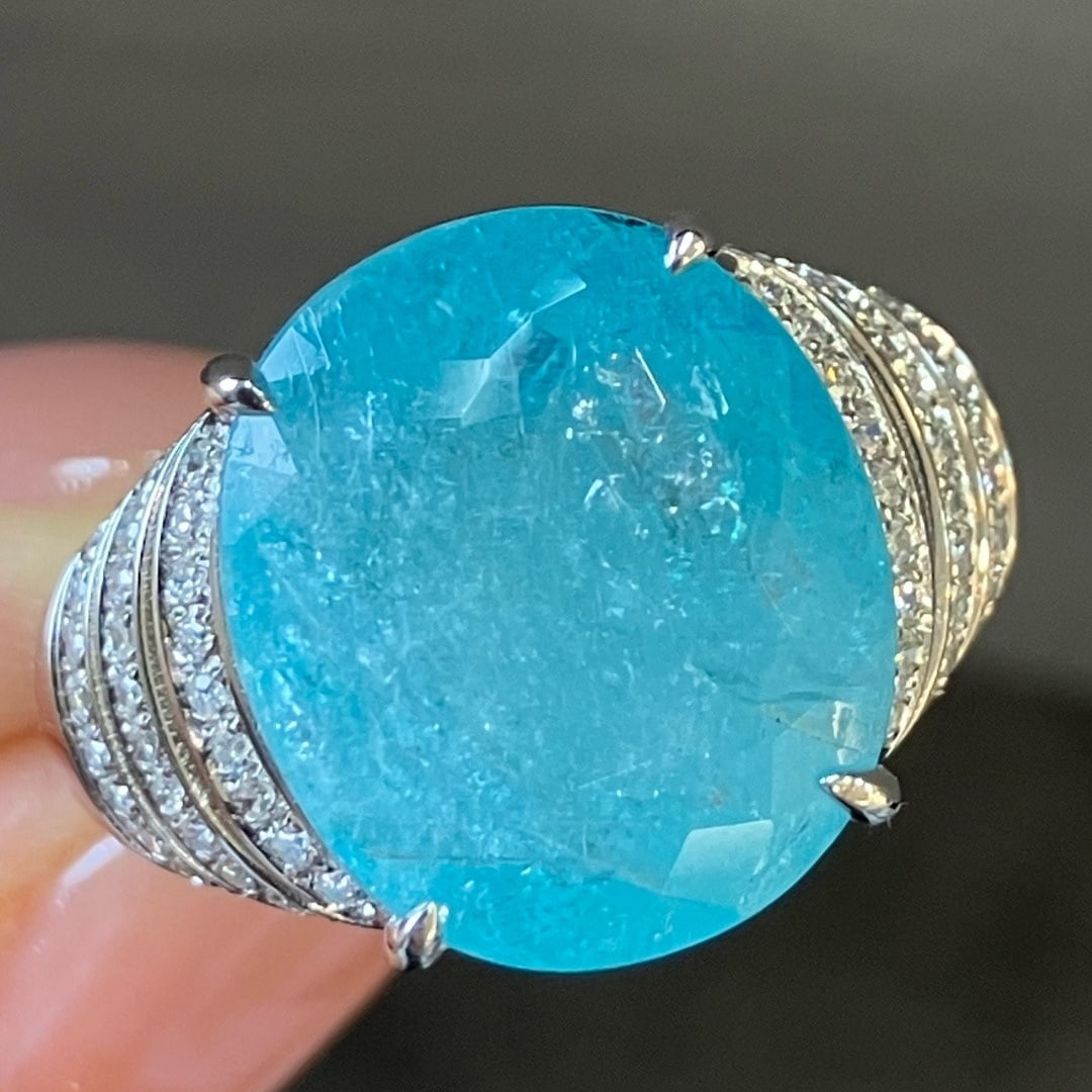 14k Gold 7.71 Ctw Natural Paraiba Tourmaline & Diamond Ring - 2
