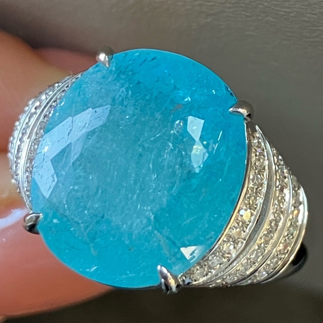 14k Gold 7.71 Ctw Natural Paraiba Tourmaline & Diamond Ring - 7