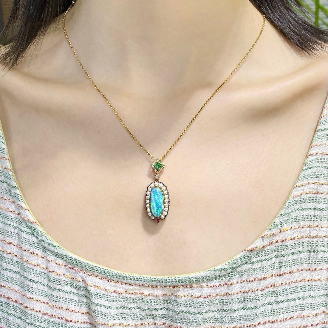14k Gold 4.30 Ct Natural Opal & Diamond Pendant( Without Chain ) - 4