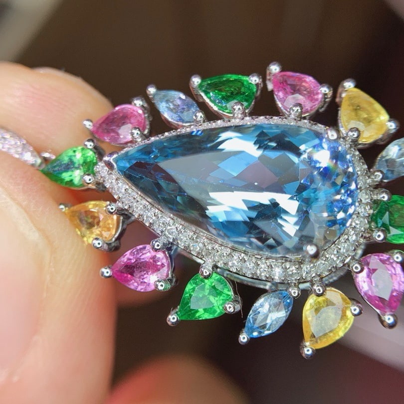 14k Gold 5.3 Ct Natural Aquamarine & Coloured Gemstone & Diamond Pendant( Without Chain ) - 4