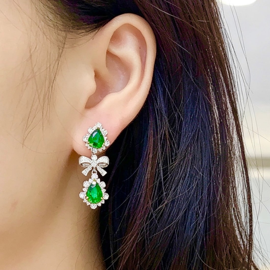 14k Gold 4.2 Ct Vivid Green Natural Tsavorite & Diamond Earrings - 2