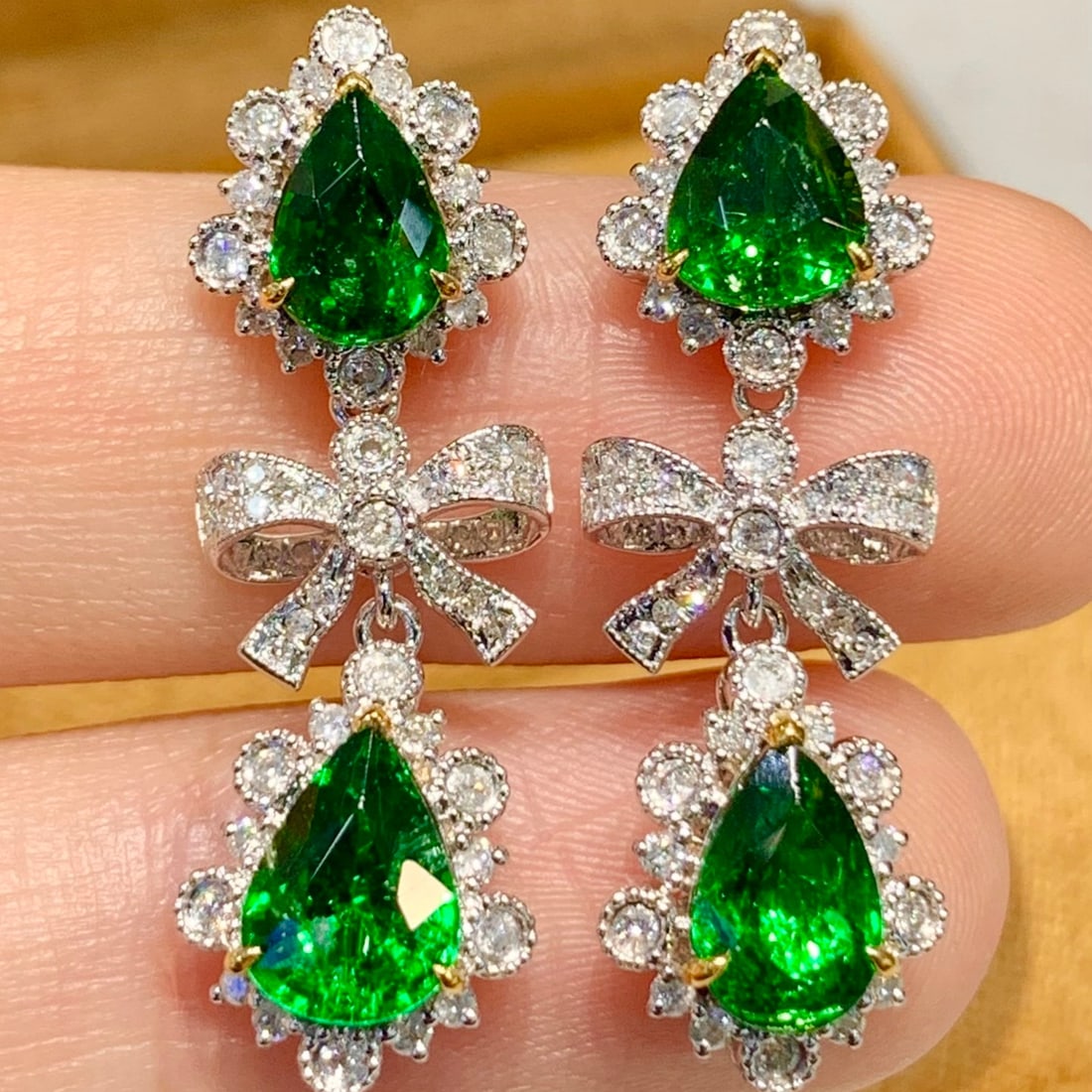 14k Gold 4.2 Ct Vivid Green Natural Tsavorite & Diamond Earrings - 5