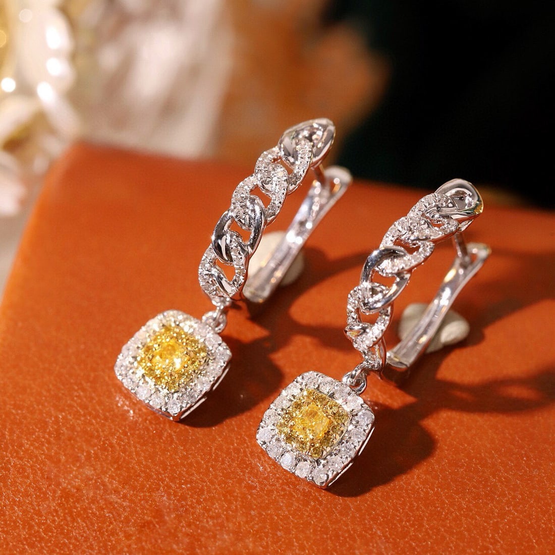 14k Gold 0.62 Ctw Natural Yellow Diamond & Diamond Earrings: Ref:231167046 // gold content:14k gold // main gemstone:yellow diamond // shape:cushion // carat weight:0. 2ct // color:yellow // treatment:natural // // adjacent gemstone 2 : diamond // shape:round /