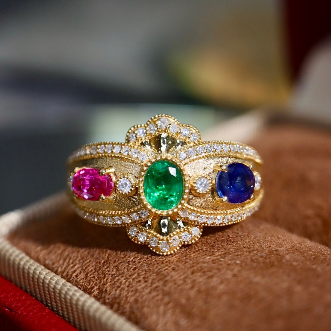 14k Gold 1.53 Ctw Natural Ruby & Sapphire & Emerald & Diamond Ring (1 of 9)