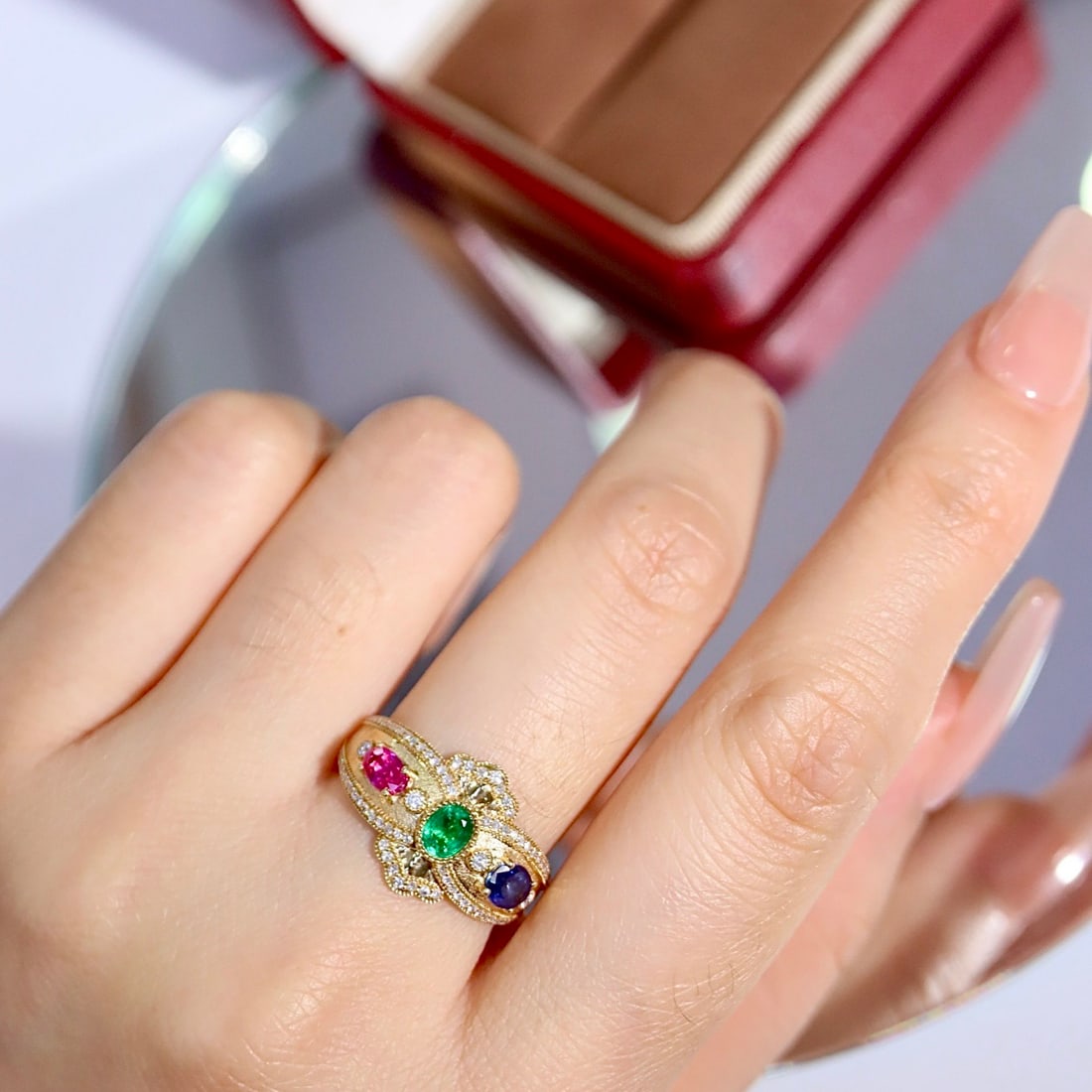 14k Gold 1.53 Ctw Natural Ruby & Sapphire & Emerald & Diamond Ring - 4