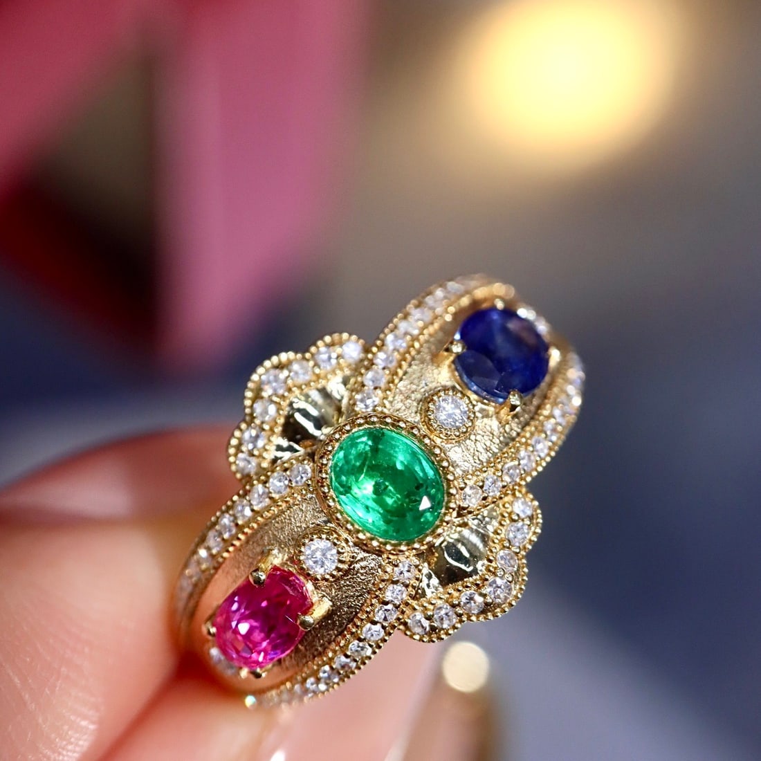 14k Gold 1.53 Ctw Natural Ruby & Sapphire & Emerald & Diamond Ring - 7