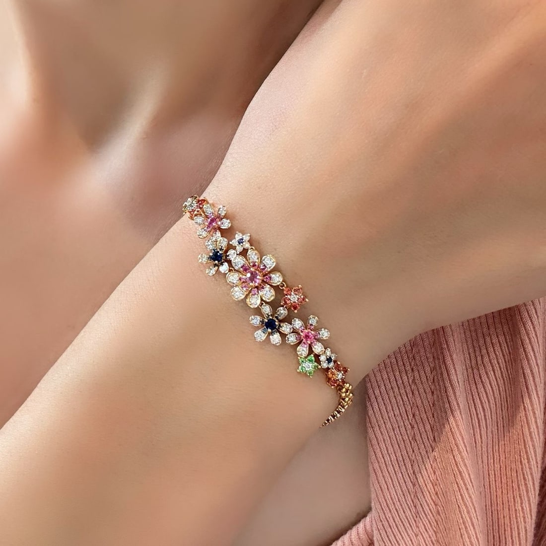 14k Gold 1.98 Ctw Natural Coloured Gemstone & Diamond & Flowers Bracelet - 5