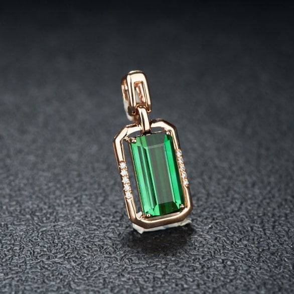 14k Gold 2.92 Ct Natural Tourmaline & Diamond Pendant( Without Chain ) - 2