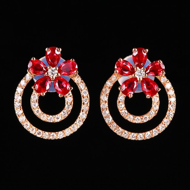 14k Gold 1.01 Ctw Natural Ruby & Diamond Earrings: Ref:231167129 // gold content:14k gold // main gemstone:ruby // shape:pear // carat weight:0. 81ct // color:red // treatment:natural // // adjacent gemstone 2 : diamond // number of stones:64 //