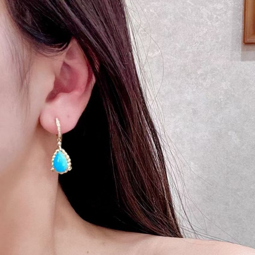 14k Gold 5.63 Ctw Natural Blue Turquoise & Diamond Earrings - 4