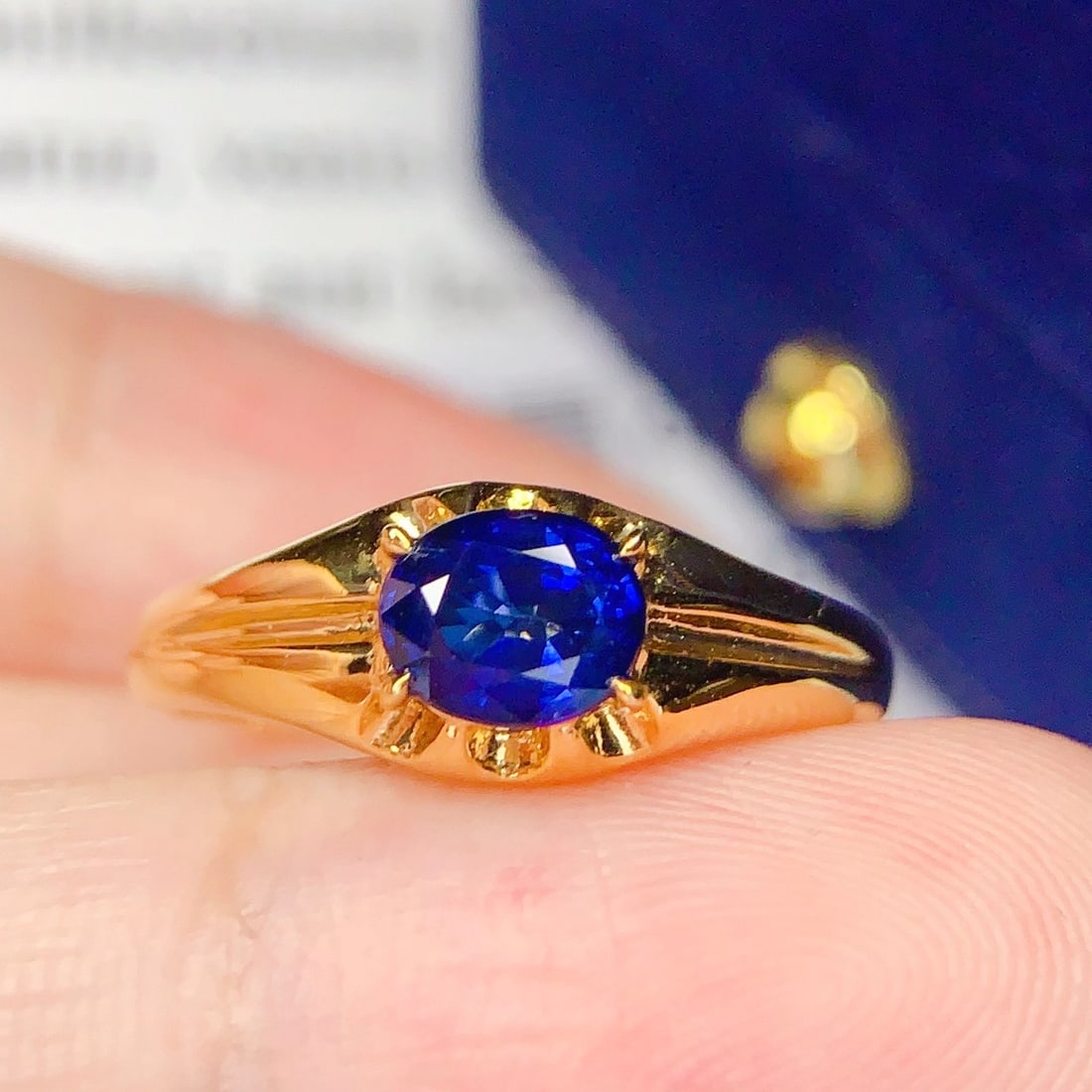 14k Gold 0.9 Ct Natural Sapphire Ring: Ref:231167223 // gold content:14k gold // ring size:7. 25us // // main gemstone:sapphire // shape:oval // carat weight:0. 9ct // color:blue // treatment:natural // Low Estimate: 4800 Condition: New Hi