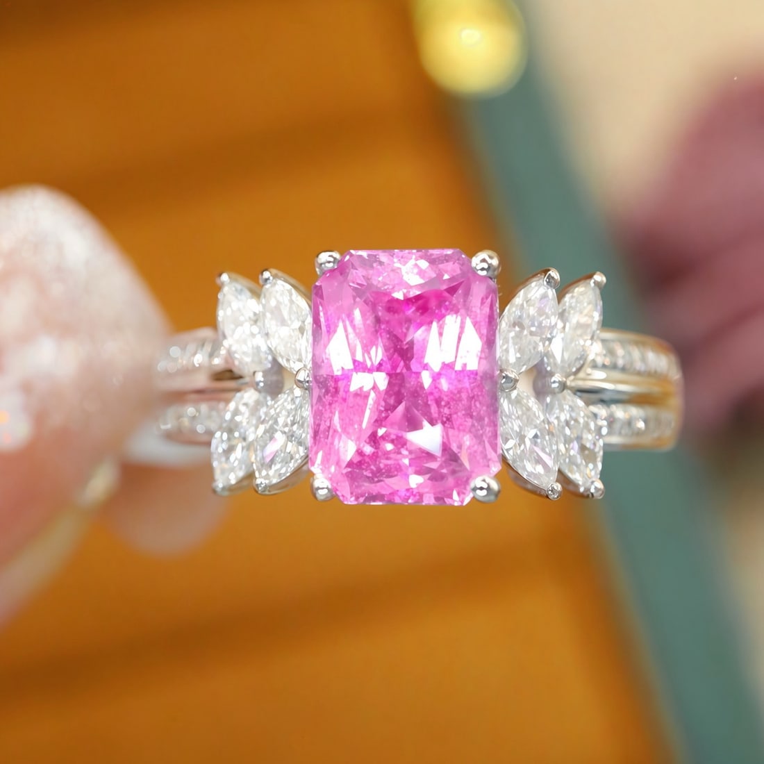 14k Gold 2.53 Ctw Natural Padparadscha Sapphire & Diamond Ring: Ref:231167224 // gold content:14k gold // ring size:7. 25us // // main gemstone:padparadscha sapphire // shape:cushion // carat weight:2. 10ct // color:orangish pink // treatment:natural // //