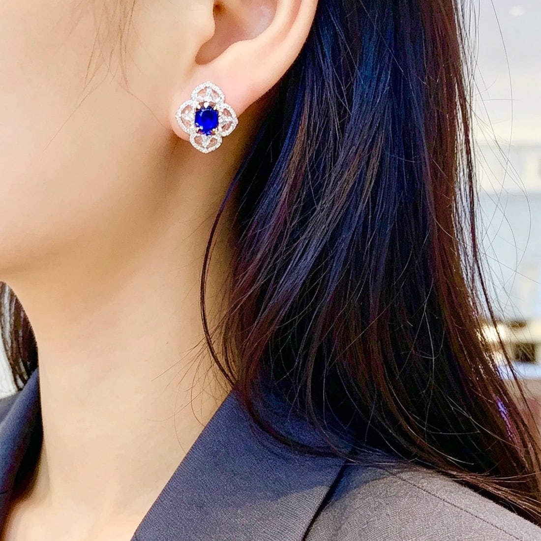 14k Gold 2.1 Ct Natural Sapphire & Diamond & Sapphire Earrings - 4
