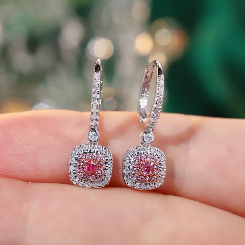 14k Gold 0.60 Ctw Natural Pink Diamond & Diamond Earrings: Ref:231167233 // gold content:14k gold // main gemstone:pink diamond // shape:cushion // carat weight:0. 12ct // color:pink // treatment:natural // // adjacent gemstone 2 : diamond // shape:round //