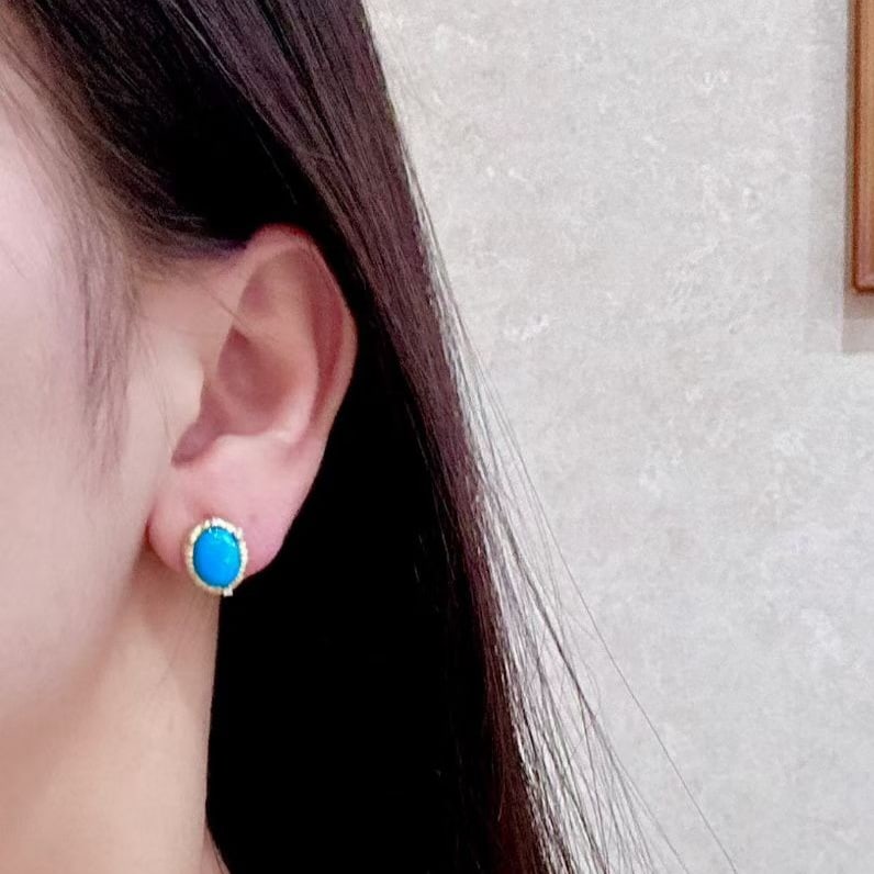 14k Gold 3.63 Ctw Natural Blue Turquoise & Diamond Earrings - 4
