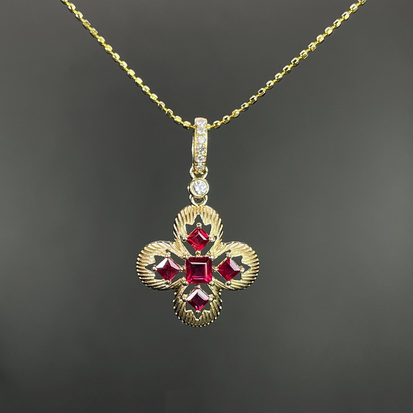 14k Gold 0.43 Ctw Natural Ruby & Diamond Pendant( Without Chain ): Ref:231168027 // gold content:14k gold // main gemstone:ruby // shape:square // carat weight:0. 4ct // color:red // treatment:natural // // adjacent gemstone 2 : diamond // shape:round // carat
