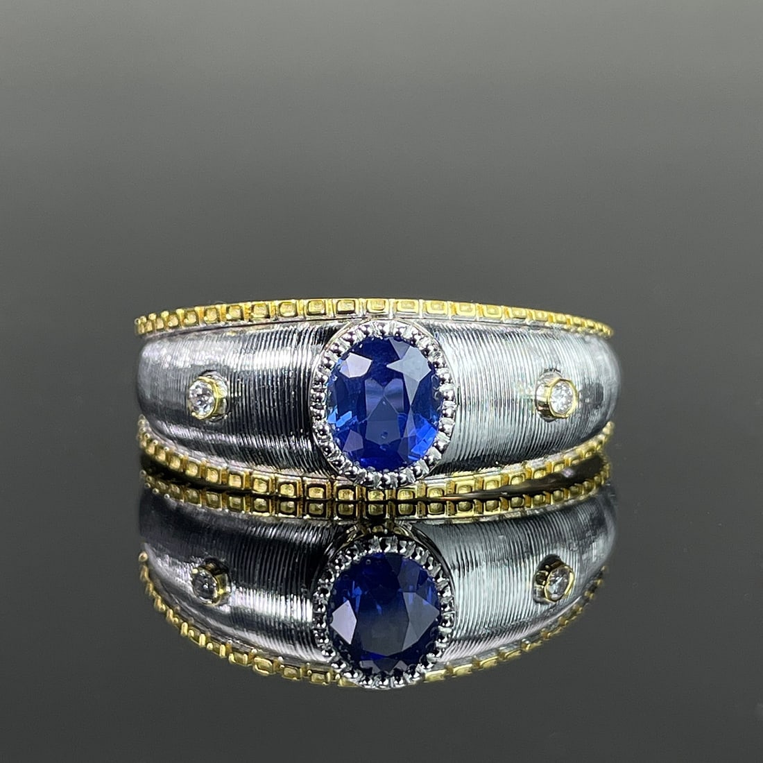 14k Gold 0.49 Ctw Natural Sapphire & Diamond Ring: Ref:231168029 // gold content:14k gold // ring size:7. 25us // // main gemstone:sapphire // shape:oval // carat weight:0. 47ct // color:blue // treatment:natural // // adjacent gemstone 2 : diamond