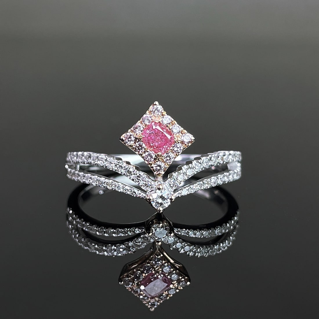 14k Gold 0.41 Ctw Natural Pink Diamond & Diamond Ring: Ref:231168037 // gold content:14k gold // ring size:7. 25us // // main gemstone:pink diamond // shape:cushion // carat weight:0. 16ct // color:pink // treatment:natural // // adjacent gemstone 2 :