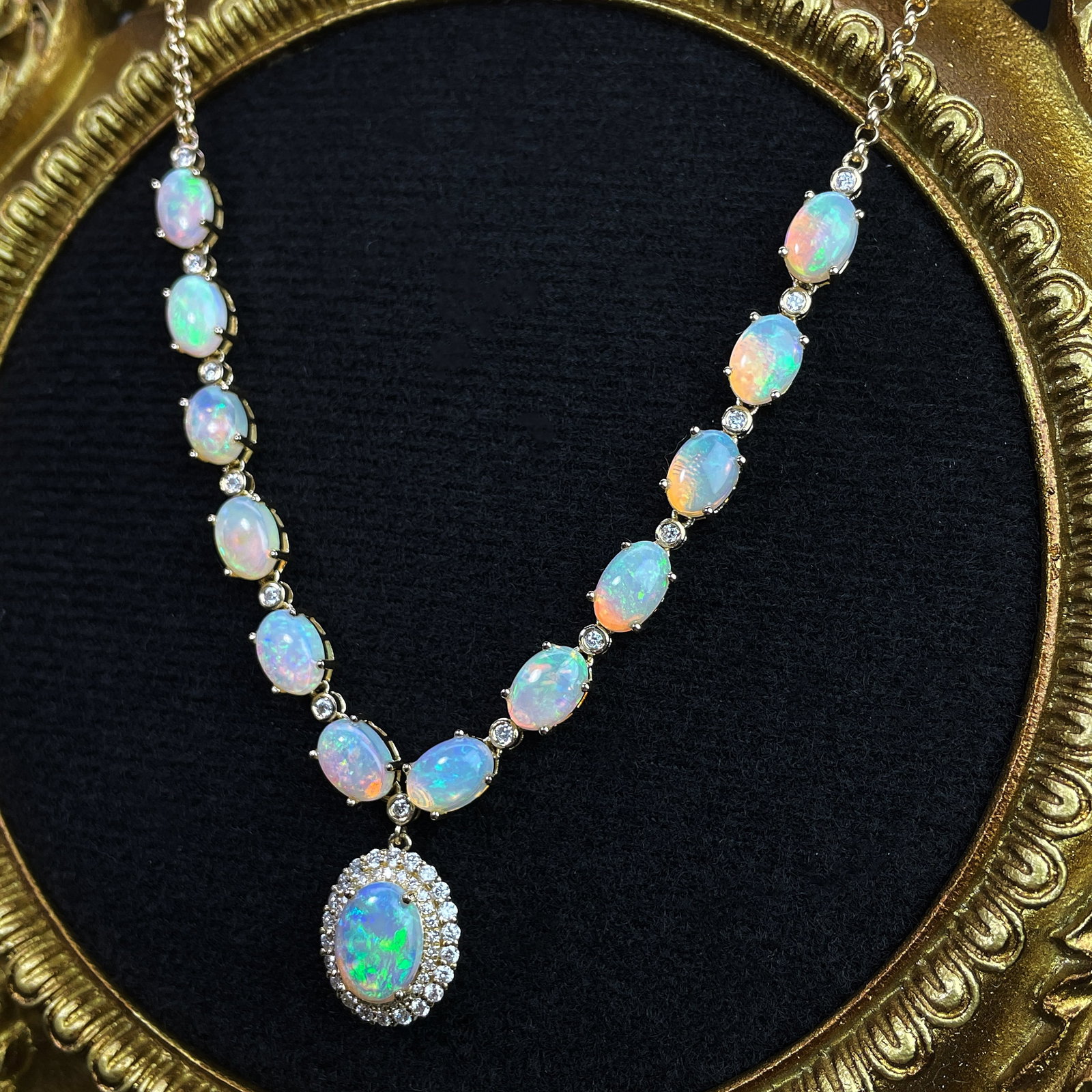 14k Gold 5.84 Ctw Natural Opal & Diamond Necklace - 2